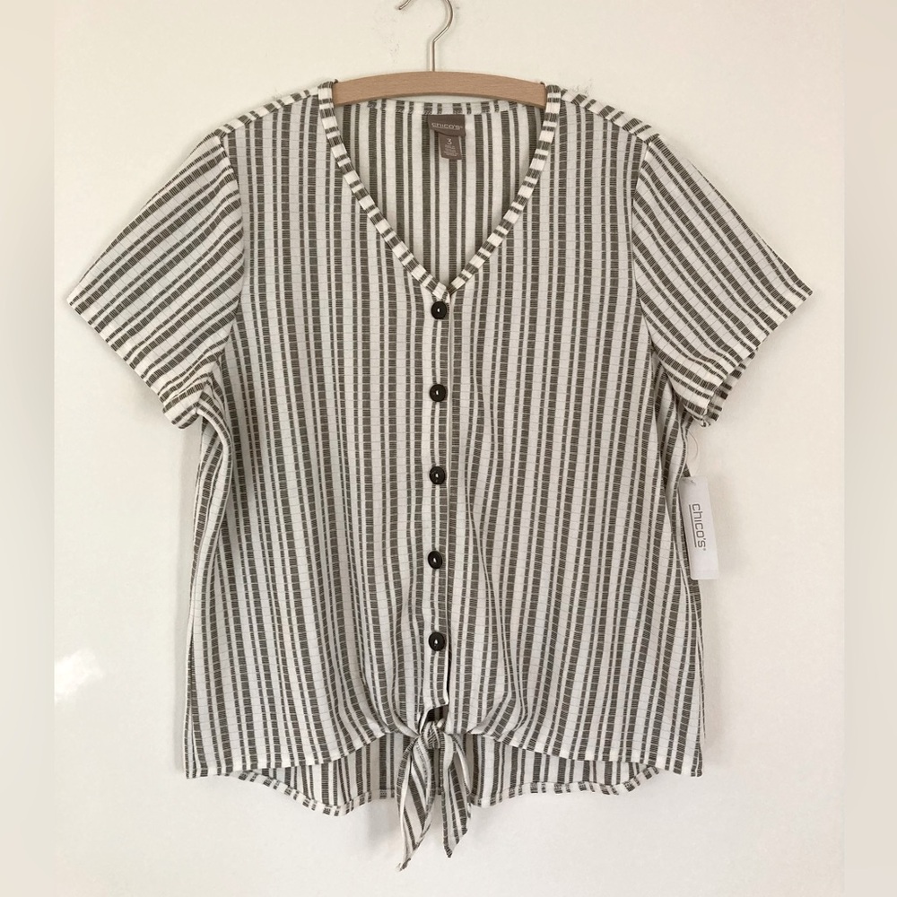 New Chico’s Stripe Oasis Tie Front knit top Cypress Fern size 3/ XL/ 16 NWT